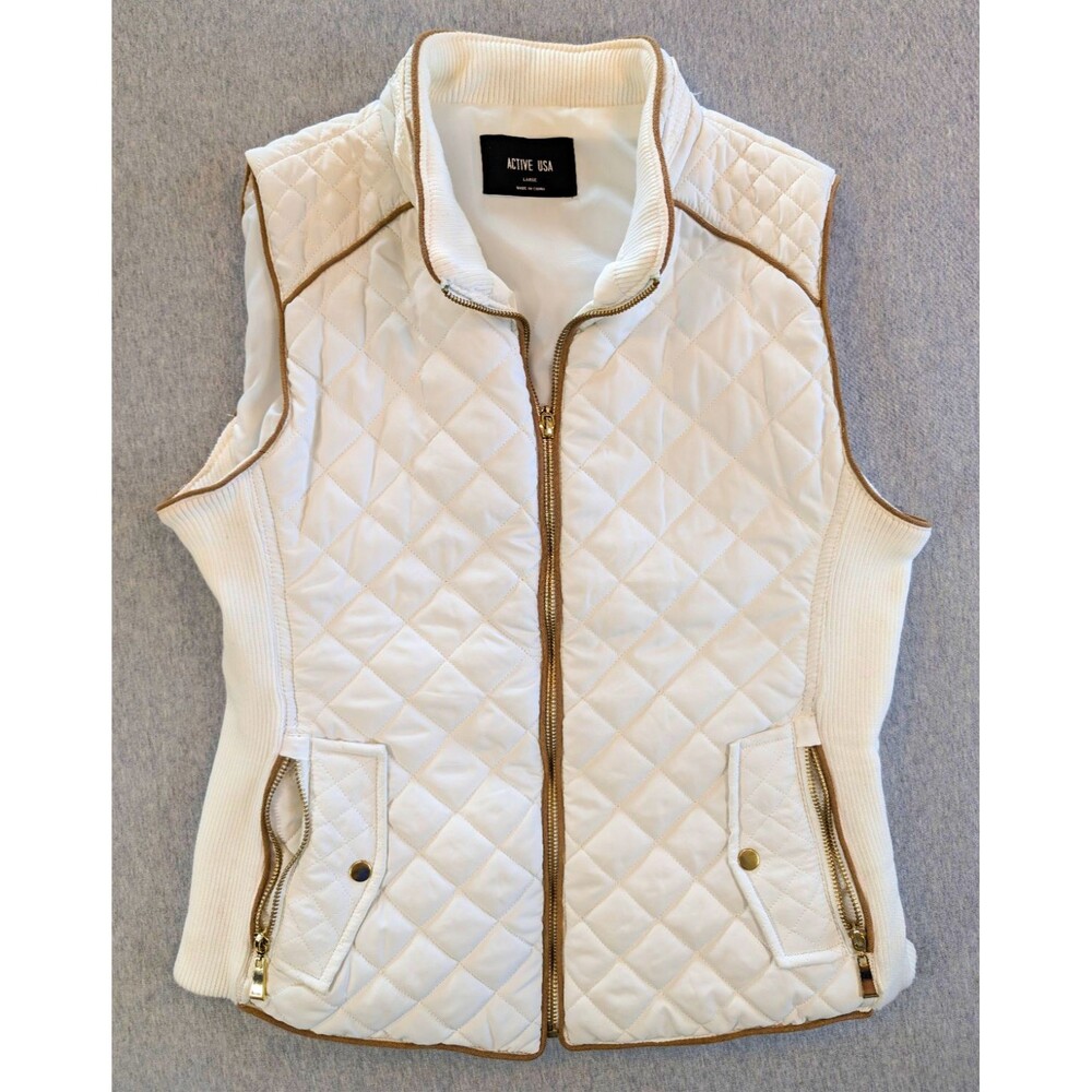 ACTIVE USA Women's L White Diamond Quilted Full Zip Lined Vest Zip Pockets J1409